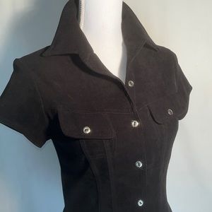 Mystic Sueded Polyester Button Front Cap Sleeve Shirt